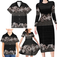 Hawaiian Tropical Flowers and Tribal Polynesian Tattoo Family Matching Long Sleeve Bodycon Dress and Hawaiian Shirt Grayscale Mode LT03 - Polynesian Pride