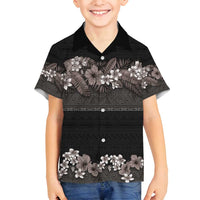 Hawaiian Tropical Flowers and Tribal Polynesian Tattoo Family Matching Puletasi and Hawaiian Shirt Grayscale Mode LT03 Son's Shirt Black - Polynesian Pride
