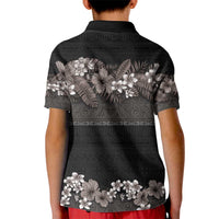 Hawaiian Tropical Flowers and Tribal Polynesian Tattoo Kid Polo Shirt Grayscale Mode