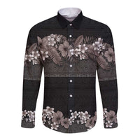 Hawaiian Tropical Flowers and Tribal Polynesian Tattoo Long Sleeve Button Shirt Grayscale Mode