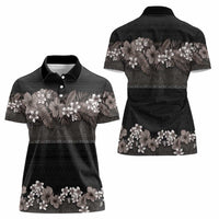 Hawaiian Tropical Flowers and Tribal Polynesian Tattoo Women Polo Shirt Grayscale Mode