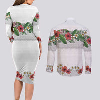 Hawaiian Tropical Flowers and Tribal Polynesian Tattoo Couples Matching Long Sleeve Bodycon Dress and Long Sleeve Button Shirt White Color