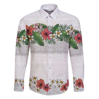 Hawaiian Tropical Flowers and Tribal Polynesian Tattoo Family Matching Long Sleeve Bodycon Dress and Hawaiian Shirt White Color LT03 Dad's Shirt - Long Sleeve White - Polynesian Pride