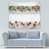 Hawaiian Tropical Flowers and Tribal Polynesian Tattoo Tapestry White Color