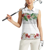 Hawaiian Tropical Flowers and Tribal Polynesian Tattoo Women Sleeveless Polo Shirt White Color