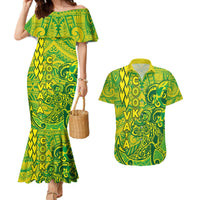 Cook Islands Va'a Polynesian Art Tattoo Couples Matching Mermaid Dress and Hawaiian Shirt National Color LT03 Green - Yellow - Polynesian Pride