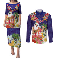 Hawaii Honu Mele Kalikimaka Couples Matching Puletasi Dress and Long Sleeve Button Shirt Santa Tropical Flower Aloha Summer Blue Version LT03 Blue - Polynesian Pride