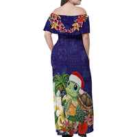 Hawaii Honu Mele Kalikimaka Family Matching Off Shoulder Maxi Dress and Hawaiian Shirt Santa Tropical Flower Aloha Summer Blue Version LT03 - Polynesian Pride