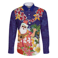 Hawaii Honu Mele Kalikimaka Family Matching Summer Maxi Dress and Hawaiian Shirt Santa Tropical Flower Aloha Summer Blue Version LT03 Dad's Shirt - Long Sleeve Blue - Polynesian Pride