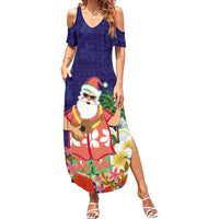 Hawaii Honu Mele Kalikimaka Family Matching Summer Maxi Dress and Hawaiian Shirt Santa Tropical Flower Aloha Summer Blue Version LT03 Mom's Dress Blue - Polynesian Pride