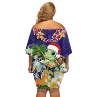 Hawaii Honu Mele Kalikimaka Off Shoulder Short Dress Santa Tropical Flower Aloha Summer Blue Version LT03 - Polynesian Pride