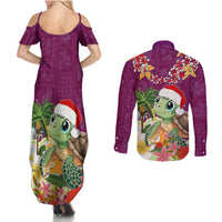 Hawaii Honu Mele Kalikimaka Couples Matching Summer Maxi Dress and Long Sleeve Button Shirt Santa Tropical Flower Aloha Summer Pink Version LT03 - Polynesian Pride