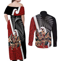New Zealand Te Matatini Couples Matching Off Shoulder Maxi Dress and Long Sleeve Button Shirt Kapa Haka and Silver Fern - Maori Art Pattern