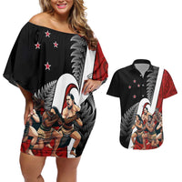 New Zealand Te Matatini Couples Matching Off Shoulder Short Dress and Hawaiian Shirt Kapa Haka and Silver Fern - Maori Art Pattern