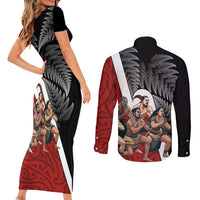 New Zealand Te Matatini Couples Matching Short Sleeve Bodycon Dress and Long Sleeve Button Shirt Kapa Haka and Silver Fern - Maori Art Pattern