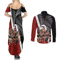 New Zealand Te Matatini Couples Matching Summer Maxi Dress and Long Sleeve Button Shirt Kapa Haka and Silver Fern - Maori Art Pattern