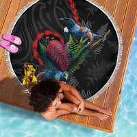 New Zealand Tui Birds Love Couple Beach Blanket The Heart of Silver Fern Leaves and Maori Tattoo Pattern