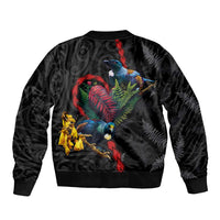 New Zealand Tui Birds Love Couple Bomber Jacket The Heart of Silver Fern Leaves and Maori Tattoo Pattern LT03 - Polynesian Pride
