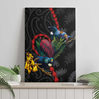 New Zealand Tui Birds Love Couple Canvas Wall Art The Heart of Silver Fern Leaves and Maori Tattoo Pattern LT03 - Polynesian Pride