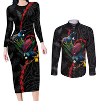 New Zealand Tui Birds Love Couple Couples Matching Long Sleeve Bodycon Dress and Long Sleeve Button Shirt The Heart of Silver Fern Leaves and Maori Tattoo Pattern