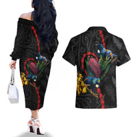 New Zealand Tui Birds Love Couple Couples Matching Off The Shoulder Long Sleeve Dress and Hawaiian Shirt The Heart of Silver Fern Leaves and Maori Tattoo Pattern
