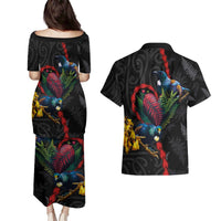 New Zealand Tui Birds Love Couple Couples Matching Puletasi and Hawaiian Shirt The Heart of Silver Fern Leaves and Maori Tattoo Pattern