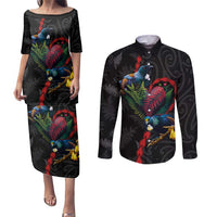 New Zealand Tui Birds Love Couple Couples Matching Puletasi and Long Sleeve Button Shirt The Heart of Silver Fern Leaves and Maori Tattoo Pattern