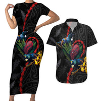 New Zealand Tui Birds Love Couple Couples Matching Short Sleeve Bodycon Dress and Hawaiian Shirt The Heart of Silver Fern Leaves and Maori Tattoo Pattern