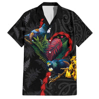 New Zealand Tui Birds Love Couple Family Matching Off The Shoulder Long Sleeve Dress and Hawaiian Shirt The Heart of Silver Fern Leaves and Maori Tattoo Pattern