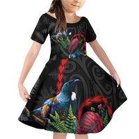 New Zealand Tui Birds Love Couple Family Matching Off Shoulder Short Dress and Hawaiian Shirt The Heart of Silver Fern Leaves and Maori Tattoo Pattern