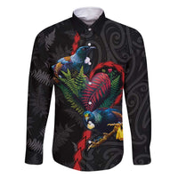 New Zealand Tui Birds Love Couple Family Matching Off Shoulder Short Dress and Hawaiian Shirt The Heart of Silver Fern Leaves and Maori Tattoo Pattern