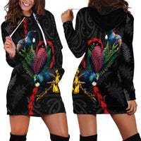 New Zealand Tui Birds Love Couple Hoodie Dress The Heart of Silver Fern Leaves and Maori Tattoo Pattern