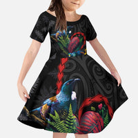 New Zealand Tui Birds Love Couple Kid Short Sleeve Dress The Heart of Silver Fern Leaves and Maori Tattoo Pattern LT03 KID Black - Polynesian Pride