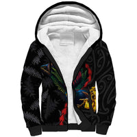 New Zealand Tui Birds Love Couple Sherpa Hoodie The Heart of Silver Fern Leaves and Maori Tattoo Pattern