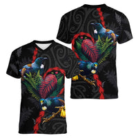New Zealand Tui Birds Love Couple Women V-Neck T-Shirt The Heart of Silver Fern Leaves and Maori Tattoo Pattern LT03 - Polynesian Pride