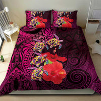 Pasifika Festival Bedding Set Plumeria Turtles with Hibiscus - Polynesian Art Tattoo Pink Color
