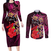 Pasifika Festival Couples Matching Long Sleeve Bodycon Dress and Long Sleeve Button Shirt Plumeria Turtles with Hibiscus - Polynesian Art Tattoo Pink Color