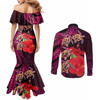 Pasifika Festival Couples Matching Mermaid Dress and Long Sleeve Button Shirt Plumeria Turtles with Hibiscus - Polynesian Art Tattoo Pink Color