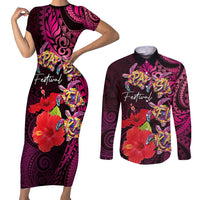 Pasifika Festival Couples Matching Short Sleeve Bodycon Dress and Long Sleeve Button Shirt Plumeria Turtles with Hibiscus - Polynesian Art Tattoo Pink Color