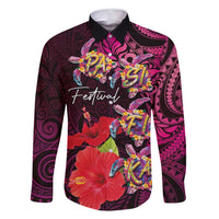 Pasifika Festival Family Matching Long Sleeve Bodycon Dress and Hawaiian Shirt Plumeria Turtles with Hibiscus - Polynesian Art Tattoo Pink Color