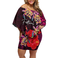 Pasifika Festival Family Matching Off Shoulder Short Dress and Hawaiian Shirt Plumeria Turtles with Hibiscus - Polynesian Art Tattoo Pink Color