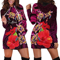 Pasifika Festival Hoodie Dress Plumeria Turtles with Hibiscus - Polynesian Art Tattoo Pink Color