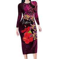 Pasifika Festival Long Sleeve Bodycon Dress Plumeria Turtles with Hibiscus - Polynesian Art Tattoo Pink Color LT03 Long Dress Pink - Polynesian Pride