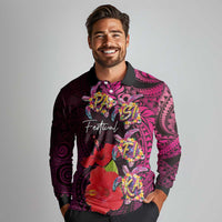 Pasifika Festival Long Sleeve Polo Shirt Plumeria Turtles with Hibiscus - Polynesian Art Tattoo Pink Color LT03 - Polynesian Pride