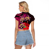 Pasifika Festival Raglan Cropped T Shirt Plumeria Turtles with Hibiscus - Polynesian Art Tattoo Pink Color LT03 - Polynesian Pride