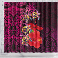 Pasifika Festival Shower Curtain Plumeria Turtles with Hibiscus - Polynesian Art Tattoo Pink Color