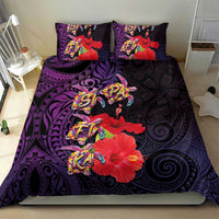 Pasifika Festival Bedding Set Plumeria Turtles with Hibiscus - Polynesian Art Tattoo Purple Color
