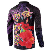 Pasifika Festival Button Sweatshirt Plumeria Turtles with Hibiscus - Polynesian Art Tattoo Purple Color