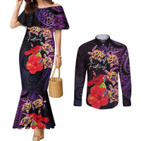 Pasifika Festival Couples Matching Mermaid Dress and Long Sleeve Button Shirt Plumeria Turtles with Hibiscus - Polynesian Art Tattoo Purple Color