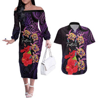 Pasifika Festival Couples Matching Off The Shoulder Long Sleeve Dress and Hawaiian Shirt Plumeria Turtles with Hibiscus - Polynesian Art Tattoo Purple Color